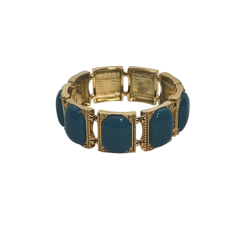 Gold Tone With Smooth Aqua Blue Cabochons Stretch Bracelet (6237) - Picture 3 of 5